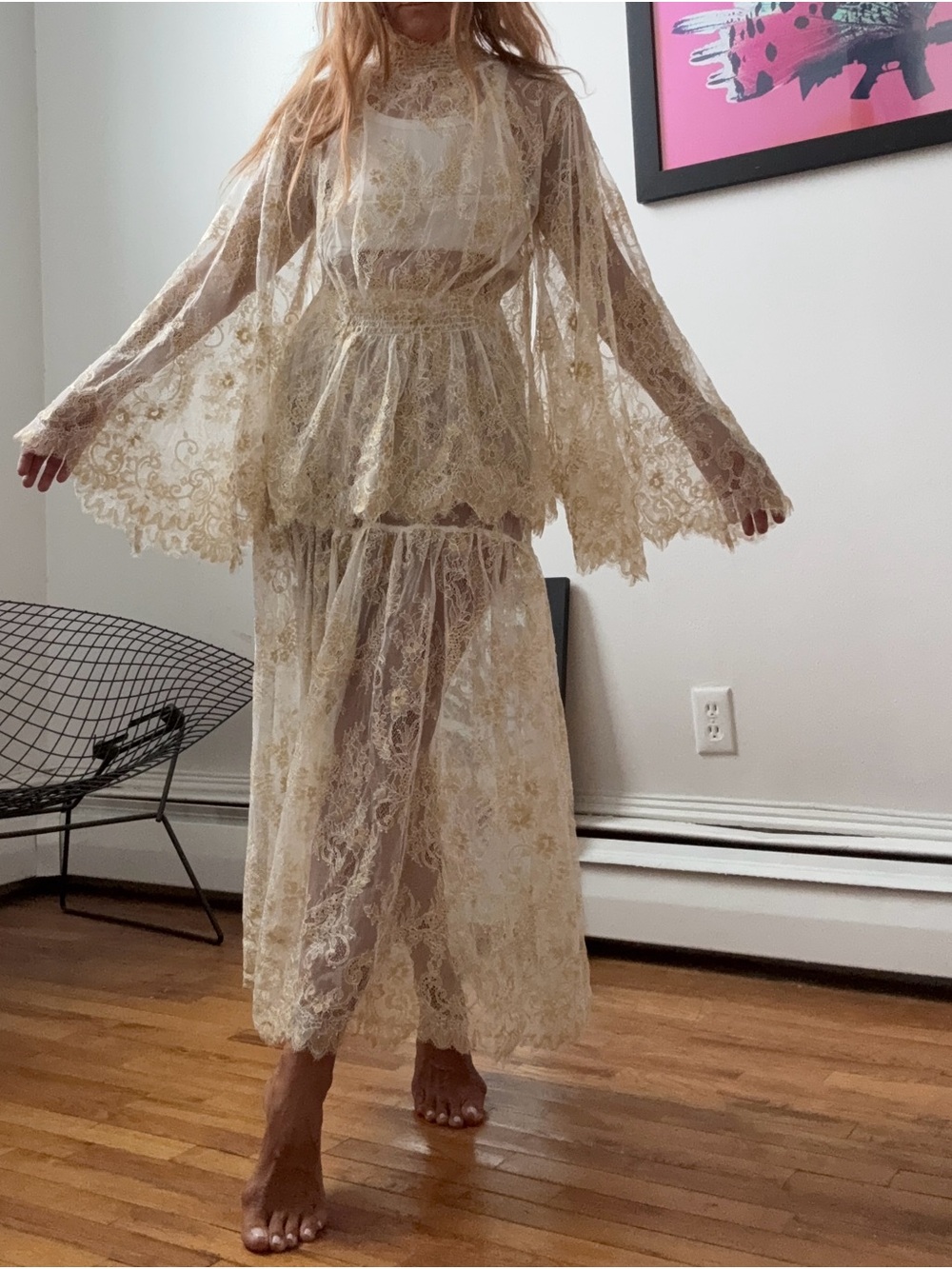 Sheer Lace 2 pc Maxi skirt & bell sleeve top in ivory/ gold